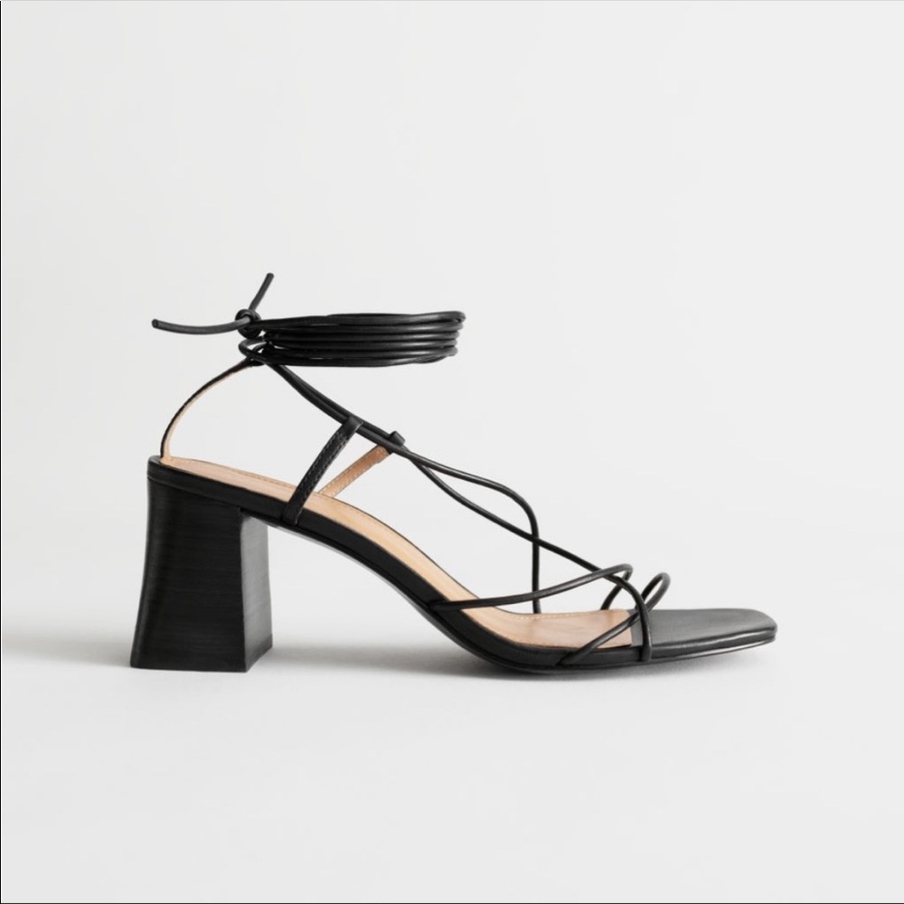 & OTHER STORIES Black Leather Strappy Lace Up Sandals Size 8